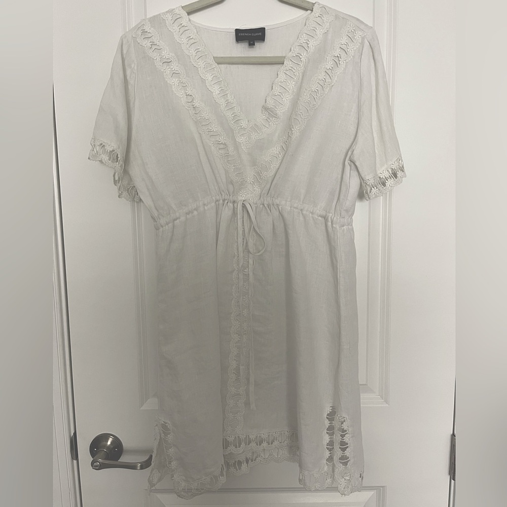 French Curve 100% Linen White Mini Dress Coverup Short sleeve